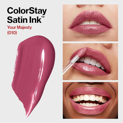Revlon Liquid Lipstick, Face Makeup, ColorStay Satin Ink, Longwear Rich Lip Colors, Formulated with Black Currant Seed Oil, 010 Your Majesty, 0.17 Fl Oz