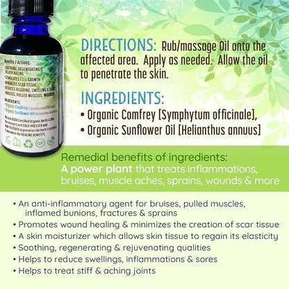 Organic Comfrey Oil Raw, Infused, Pressed Herbal Remedy, Comfrey Leaf, Sunflower Seed 1fl. oz.
