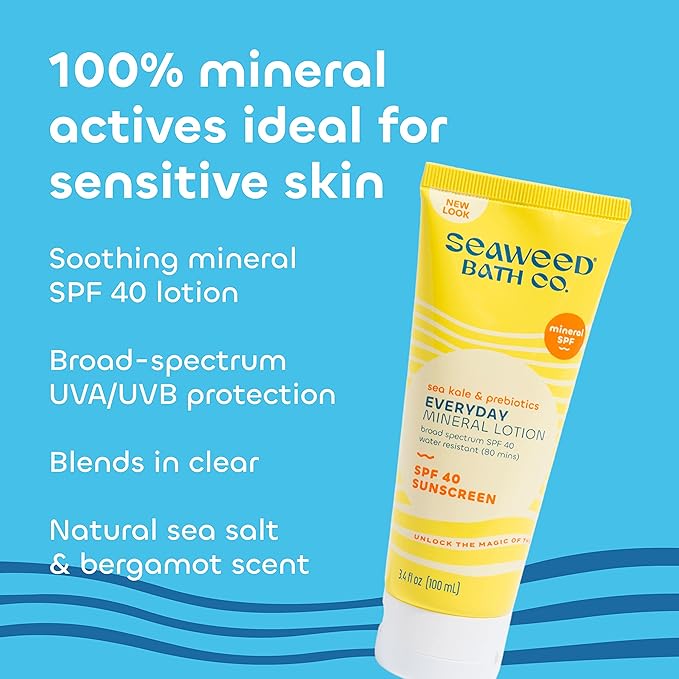 Seaweed Bath Co. Everyday Mineral SPF 40 Broad Spectrum Sunscreen Lotion, 3.4 Ounce (Pack of 2), Sustainably Harvested Seaweed, Sea Kale, Prebiotics