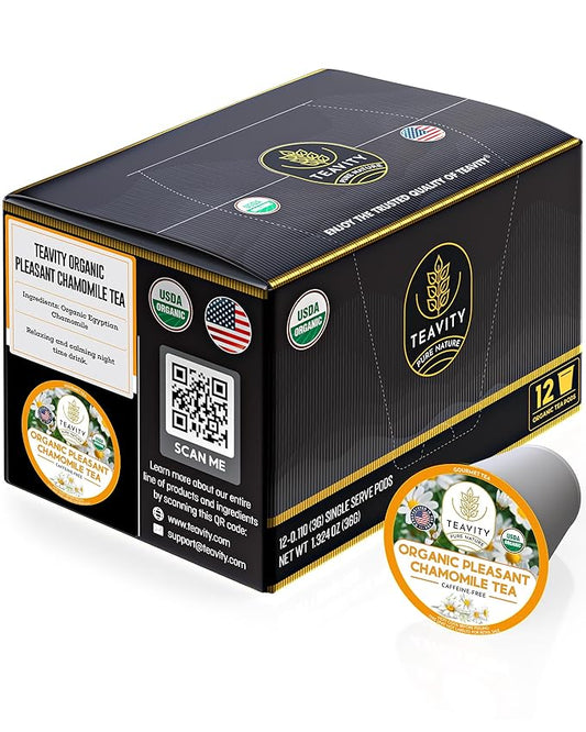 Organic Chamomile Tea Pods for Keurig - Decaf Tea Pods - Pleasant Chamomile by Teavity (12 Tea Pods)