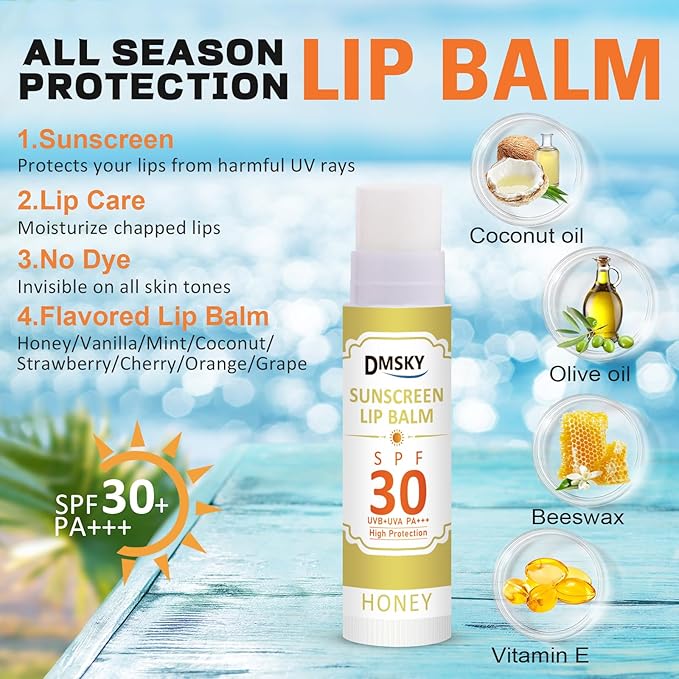DMSKY SPF Lip Balm Bulk 16 Pack, Sunscreen Lip Balm with SPF 30, Broad Spectrum UVA/UVB Protection, Sunscreen for Lips Travel Size