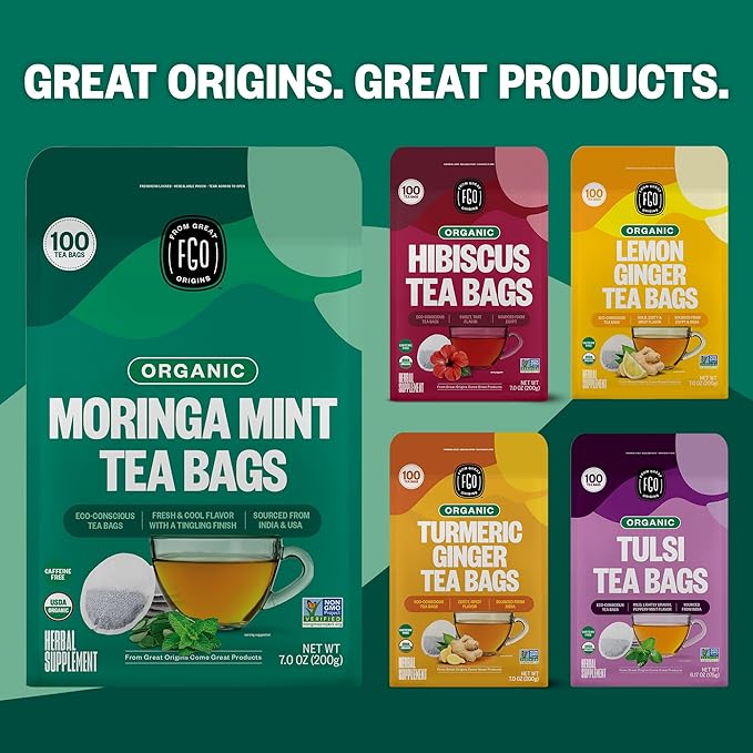 FGO Organic Moringa Mint Tea, 20 Count, Eco-Conscious Herbal Tea Bags, Resealable Bag, Caffeine Free, Packaging May Vary (Pack of 1)
