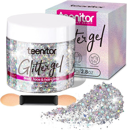 Teenitor Body Glitter, Silver Glitter, Body Glitter Gel, Makeup Glitter