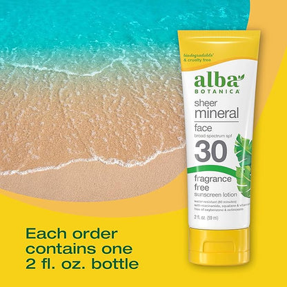 Alba Botanica Sunscreen for Face, Fragrance-Free Sheer Mineral Face Sunscreen Lotion, Broad Spectrum SPF 30, Water Resistant and Biodegradable, 2 fl. oz. Bottle