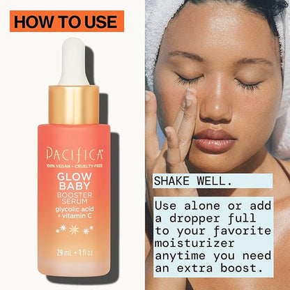 Pacifica Vitamin C Face Serum - Glow Baby Booster Facial Serum - Glycolic Acid Serum For Face - Dark Spot Corrector Anti Aging Brightening - Dermatologist Tested, Fragrance Free, Clean Skin Care Vegan