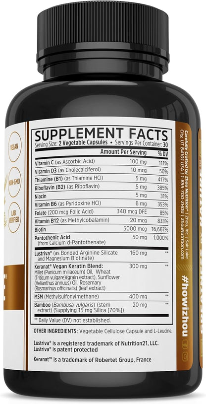 Zhou Hairfluence - Vegan Biotin Supplement for Hair Growth for Men & Women, Supports Stronger, Healthier Hair, Nails, & Glowing Skin with B Vitamin Complex - 60 Veggie Capsules (Pack of 1)