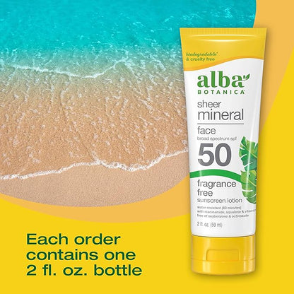 Alba Botanica Sunscreen for Face, Fragrance-Free Sheer Mineral Face Sunscreen Lotion, Broad Spectrum SPF 50, Water Resistant and Biodegradable, 2 fl. oz. Bottle