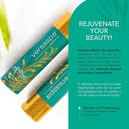 MALIBU Bronzing Mist Sunless Self Tanner with Warm Brown and Cool Violet Undertones for Body and Face, 6 Ounces