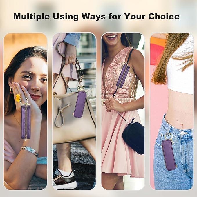 Bocasal Leather Lipstick Case Holder Chapstick Keychain Pouch, Zipper Lip Balm Lip Gloss Bag for Purse with Elastic Band, Makeup Travel Organizer, Cosmetic Storage Kit for Women Girls (Dark Purple)