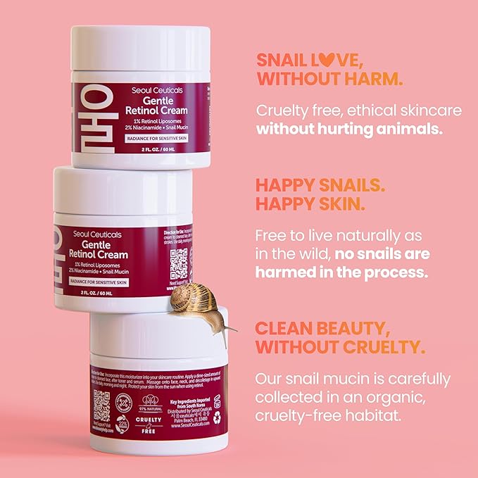 SeoulCeuticals 1% Korean Retinol Night Cream - 97.5% Snail Mucin + 2% Niacinamide Moisturizer for Face - Gentle K Beauty for Sensitive Skin 2oz