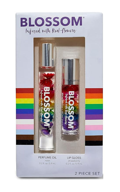 Blossom Scented Roll on Lip Gloss + Rollerball Perfume, Infused with Real Flowers, Made in USA, 0.4 fl. oz./11.8ml, 2 pack Gift Set, Let Love Shine, Strawberry/Rose