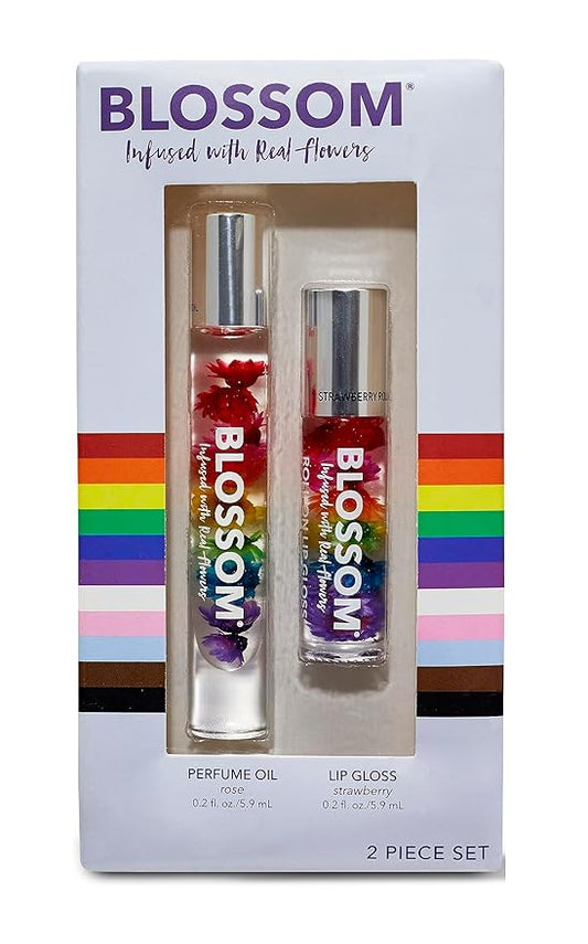 Blossom Scented Roll on Lip Gloss + Rollerball Perfume, Infused with Real Flowers, Made in USA, 0.4 fl. oz./11.8ml, 2 pack Gift Set, Let Love Shine, Strawberry/Rose
