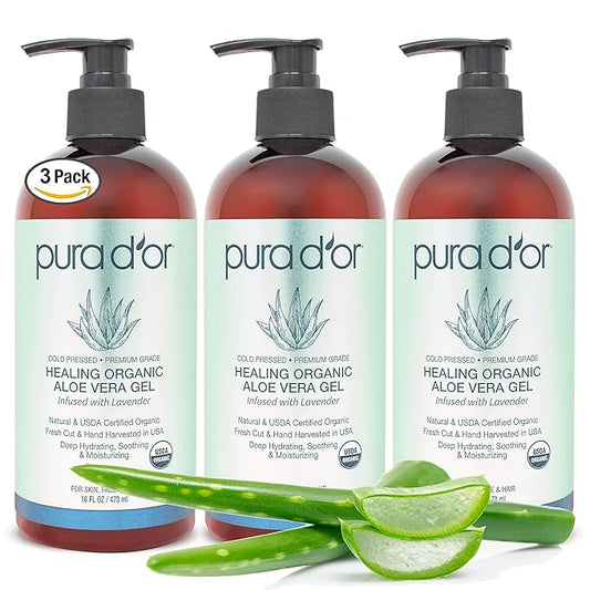 PURA D'OR ORGANIC Aloe Vera Gel Lavender (16 Oz X 3) All Natural - ZERO Artificial Preservatives - Deeply Hydrating & Moisturizing - Sunburn, Bug Bites, Rashes, Small Cuts, Eczema Relief - Skin & Hair