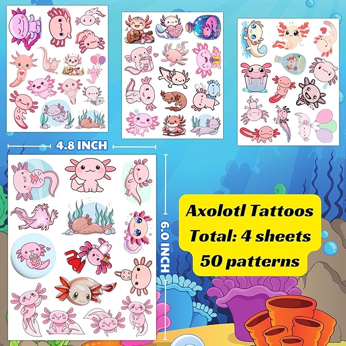 Axolotl Temporary Tattoos - Cute Animal Kawaii Axolotl Décor, Axololt
