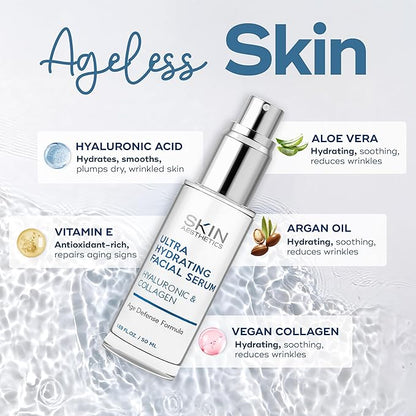 Hyaluronic Acid & Collagen Face Serum - Anti-Aging, Hydrating, Fine Lines, Wrinkles & Acne Scar Treatment - Dermatologist Tested Korean Skincare - Clean Beauty, Cruelty-Free - 1.69 oz