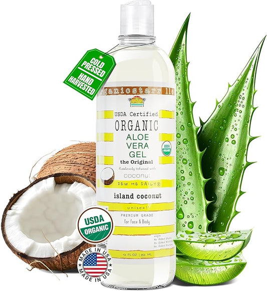 USDA Certified Organic Aloe Vera Gel 12 oz - 100% Pure, Cold Pressed, Hand Harvested, Infused with Natural Coconut Extract, Chemical-Free - Skin & Hair Care, Made in USA