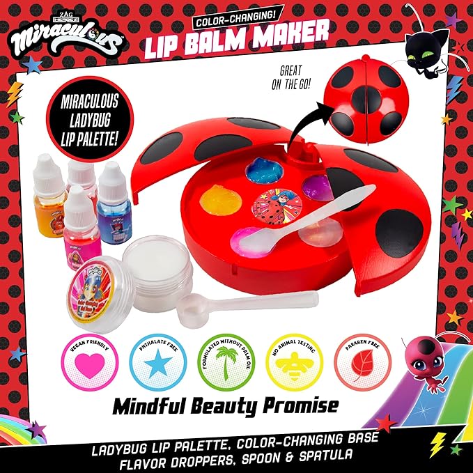 Miraculous Color-Changing Lip Balm Maker, Make Your Own Ladybug Lip Gloss Kit, Travel-Friendly Lip Balm Palette Great for Miraculous Parties & Group Activities, Perfect for Kids Ages 6, 7, 8, 9, 10