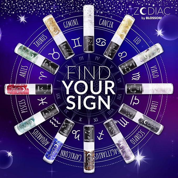 Blossom Zodiac Sign Vanilla Scented Moisturizing Roll-On Lip Gloss with Crystals, Made in USA, 0.20 fl. oz./5.9ml, Pisces