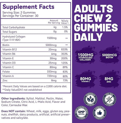 2 Pack Hair Skin and Nails Gummies with Biotin Collagen Vitamins for Women - Support Healthy Hair, Skin & Nails - 120 Count