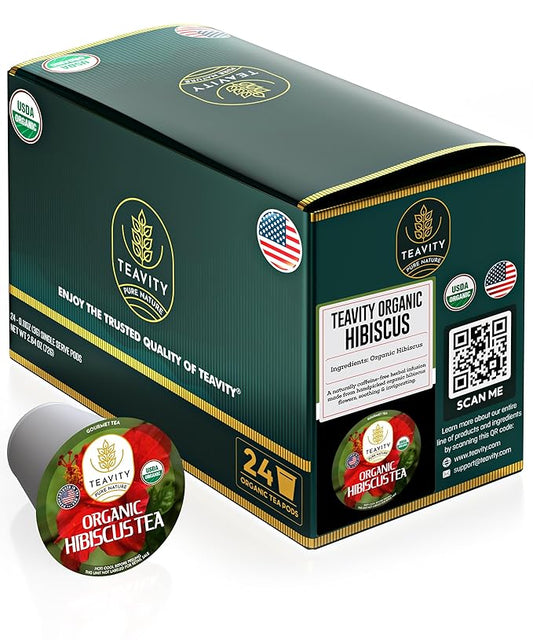 Organic Hibiscus Sabdariffa Tea Organic Naturally Decaf Tea Pods for Keurig by Teavity (24 Tea Pods)