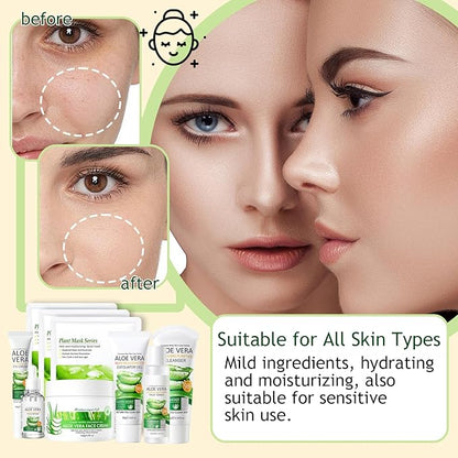 Aloe Vera Skincare Set,Hydrating Travel Size Face Wash,Moisturizing Face Toner & Face Serum & Face Cream,Eye Cream Skin Care Gift Set for Women（9PCS)