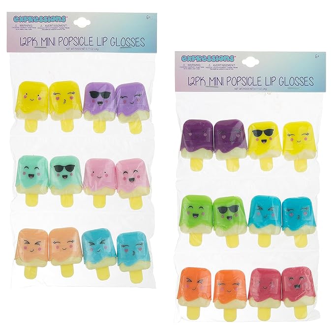 Expressions 12pc Pucker Pop Novelty Lip Gloss Set - Girls Cosmetics Mini Popsicle Lip Gloss Collection, Lip Gloss for Kids, Safe, Non Toxic Kids Makeup Set