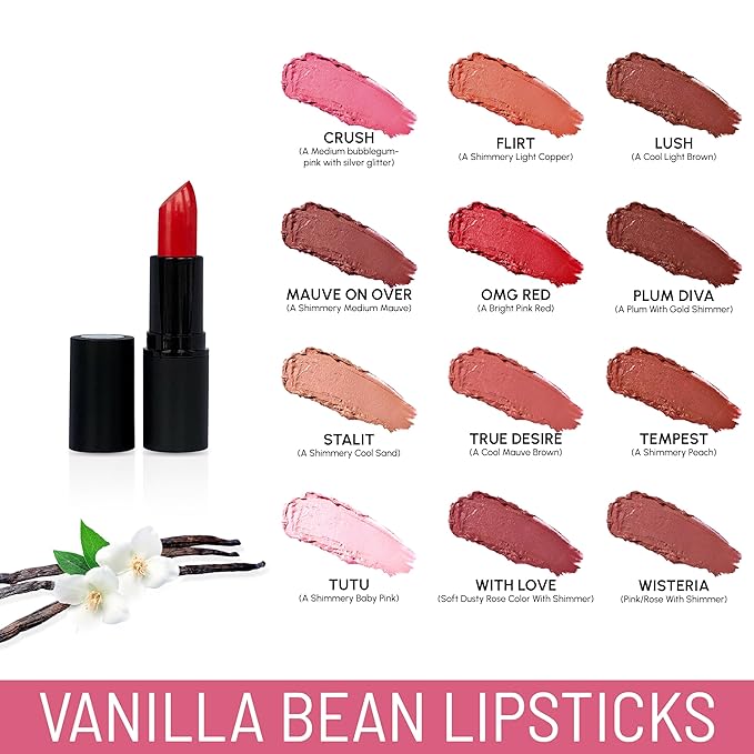 PRIMROSE VANILLA BEAN LIPSTICK, Creamy Formula, Made with Natural, Plant-Based, Organic Oil and Waxes, Paraben Free, Made in the USA. 0.16 oz/4.5 g (Mauve On Over)