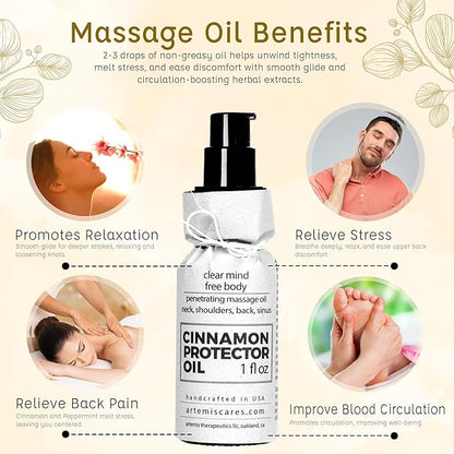 Massage Oil for Neck Massage, Muscles, Cupping, and Massage Tools. Aromatherapy Essential Oils and Herbal Extracts Cinnamon Protector Oil by Artemis Therapeutics