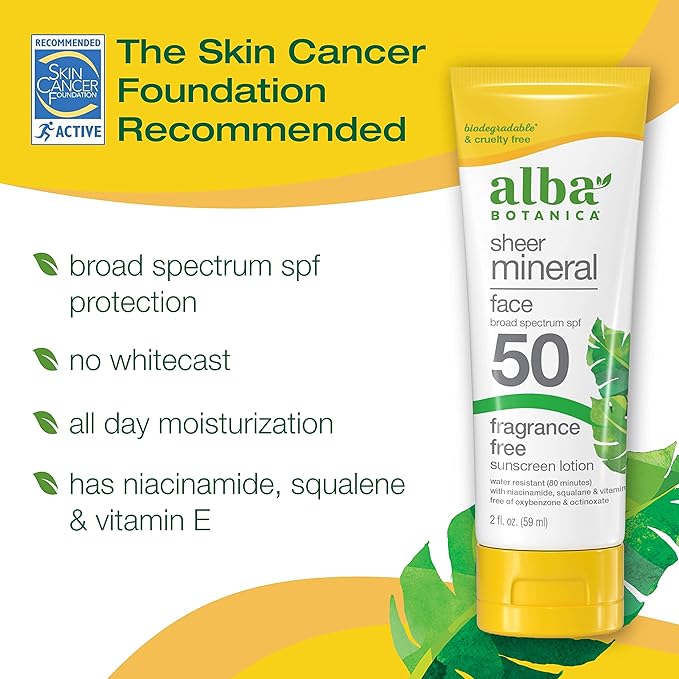 Alba Botanica Sunscreen for Face, Fragrance-Free Sheer Mineral Face Sunscreen Lotion, Broad Spectrum SPF 50, Water Resistant and Biodegradable, 2 fl. oz. Bottle