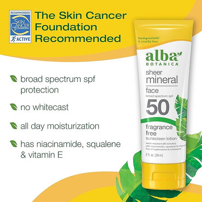 Alba Botanica Sunscreen for Face, Fragrance-Free Sheer Mineral Face Sunscreen Lotion, Broad Spectrum SPF 50, Water Resistant and Biodegradable, 2 fl. oz. Bottle