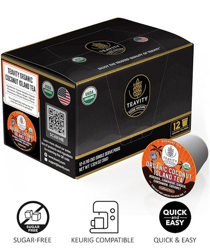 TEAVITY Organic Coconut Island Tea - Compatible With Keurig K-cup 2.0 Brewers - Energy, Revitalizing, Refreshing Tea Pod - Works With Keurig Tea Pods & Tea K Cups 12 Count (Pack of 1)