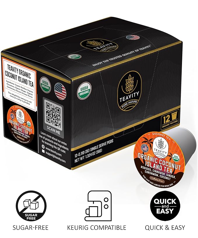 TEAVITY Organic Coconut Island Tea Pods | Recyclable Single-Serve Tea Pods Compatible with Keurig K-Cup 2.0 Brewers | Certified USDA Organic | 36 Count (Pack of 1)