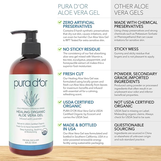 PURA D'OR ORGANIC Aloe Vera Gel Lavender (16 Oz X 3) All Natural - ZERO Artificial Preservatives - Deeply Hydrating & Moisturizing - Sunburn, Bug Bites, Rashes, Small Cuts, Eczema Relief - Skin & Hair