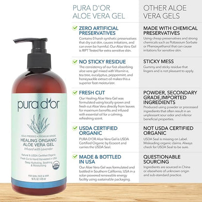 PURA D'OR ORGANIC Aloe Vera Gel Lavender (16 Oz X 3) All Natural - ZERO Artificial Preservatives - Deeply Hydrating & Moisturizing - Sunburn, Bug Bites, Rashes, Small Cuts, Eczema Relief - Skin & Hair