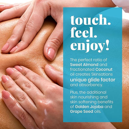 Skinsations - Vanilla Massage Oil for Massage Therapy - 8oz | Silky-Soft Blend of Sweet Almond, Fractionated Coconut, Grapeseed and Jojoba Oil | Scented Body Oil, Sore Muscles, Aromatherapy