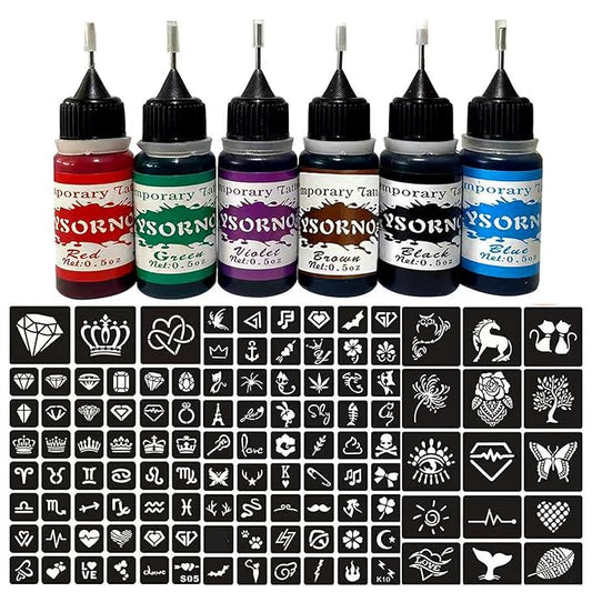 Temporary Tattoo Kit,6 Bottles Temporary Tattoo Ink with Painting PATY13 0.5oz