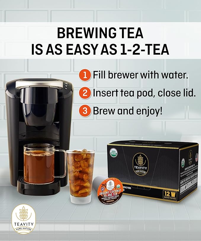 TEAVITY Organic Coconut Island Tea Pods | Recyclable Single-Serve Tea Pods Compatible with Keurig K-Cup 2.0 Brewers | Certified USDA Organic | 36 Count (Pack of 1)
