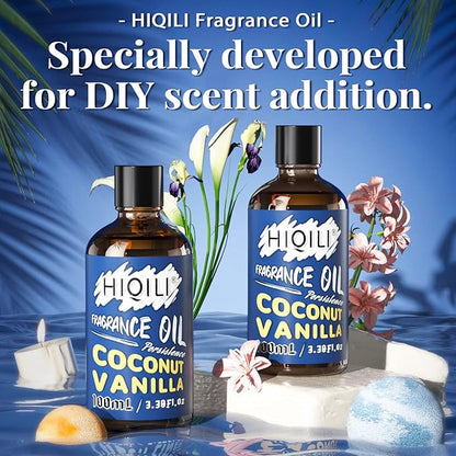 HIQILI Coconut Vanilla Fragrance Oil 100ml, Essential Oil for Diffuser Soap Candle Making Slime Scents, Scented Oils for Aromatherapy Car Freshies 3.38 Fl Oz