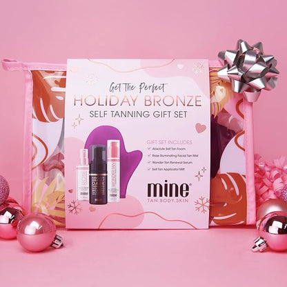 MineTan Holiday Bronze Self Tanning Gift Set - Stocking Stuffer for Her, Gift for Her, Beauty Lovers, Sunless Tanning Bundle, Travel Sized Self Tan for Body, Self Tan for Face