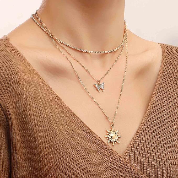 Bohemia Layered Sun Necklace Choker Crystal Butterfly Pendant