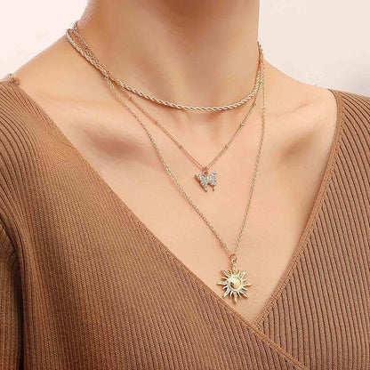 Bohemia Layered Sun Necklace Choker Crystal Butterfly Pendant
