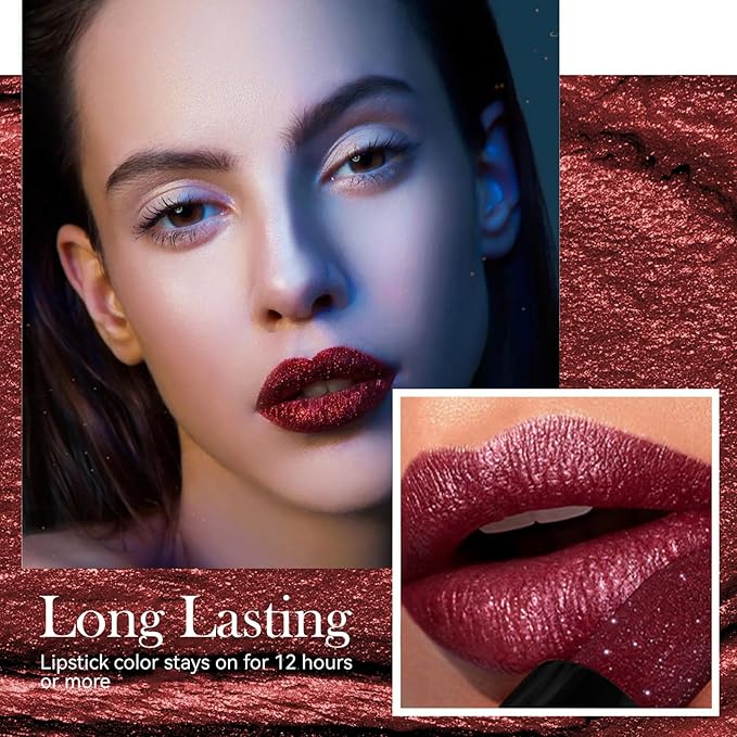 Matte to Glitter Shine Lipstick,Diamond High Pigmented Metallic Lips Makeup Long Lasting Waterproof Glitter Sparkly Glossy Lip Gloss for Women (7 Colors)