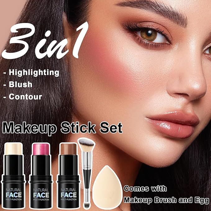 3Pcs Cream Contour Stick Makeup Kit, Shades with Finish (LIGHT)