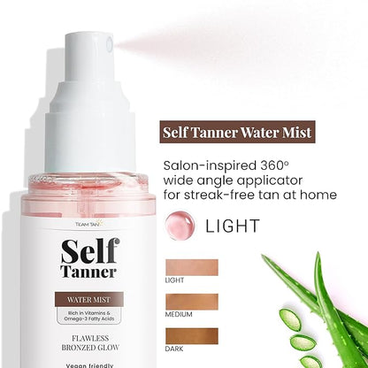Team Tan Self Tanning Water - Vitamin Infused Self Tanner Mist for Hydrating Face and Body, Sunless Tanning Spray for Fake Tan, No Streaks, Orange Tints or Nasty Smell (Light)