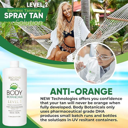Professional Sunless Tanning Spray Tan Solution, Organic Essential Oils, Airbrush Formula, 33.8 Fl Oz. (Level 1 (7% DHA))