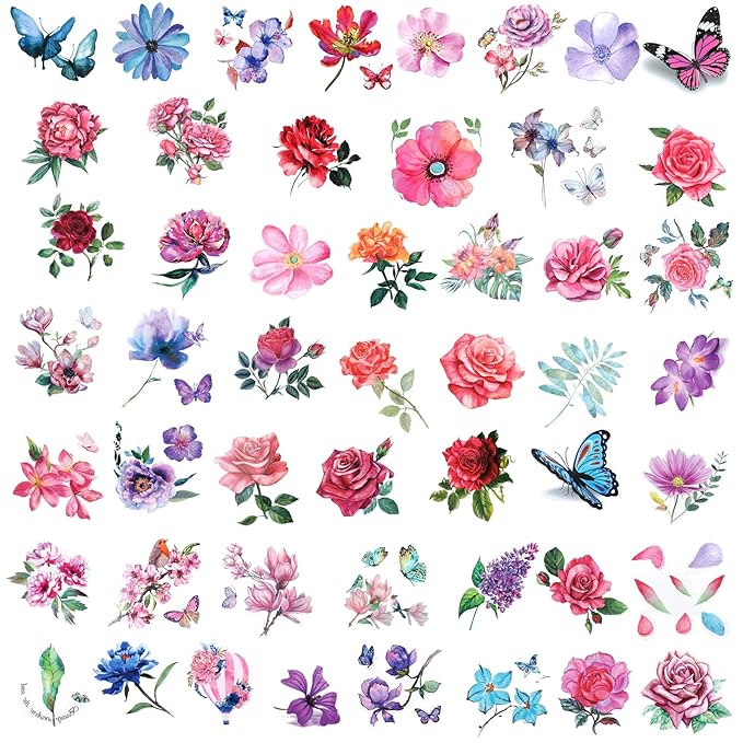 Temporary Tattoo, 50 PCS 3D Flower Tattoo Stickers Women Girls