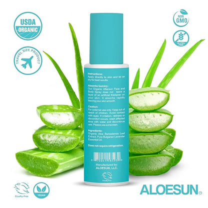 After Sun Face and Body Spray | Organic Aloe Vera Gel with Pure Lavender Essential Oil | Sunburn Relief Natural Aftersun Skin Moisturizer | Tanning Redness Treatment | Travel Size 3.4 Fl Oz