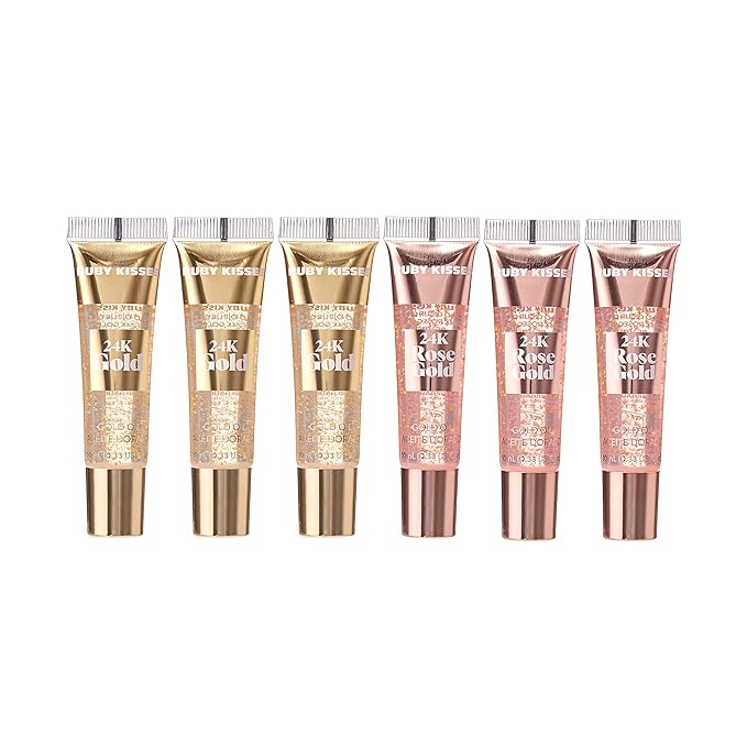 Ruby Kisses 24K Gold Oil Lip Gloss (6 Count, Gold & Rose Gold)