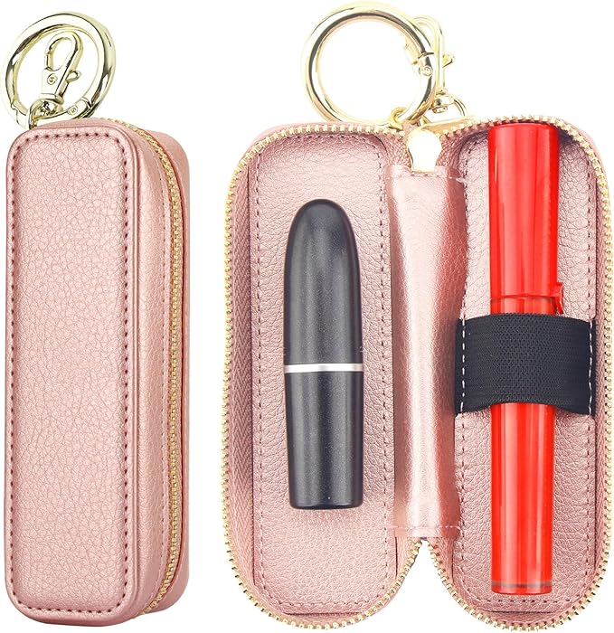 Bocasal Leather Lipstick Case Holder Chapstick Keychain Pouch, Zipper Lip Balm Lip Gloss Bag for Purse with Elastic Band, Makeup Travel Organizer, Cosmetic Storage Kit for Women Girls (Rose Gold)