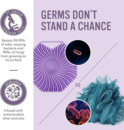 Sud Scrub® Antimicrobial Silicone Body Scrubber, Exfoliating Body Scrubber for Sensitive Skin, Eco Friendly Shower Scrubber for Body, Silicone Body Brush for Showering, Purple